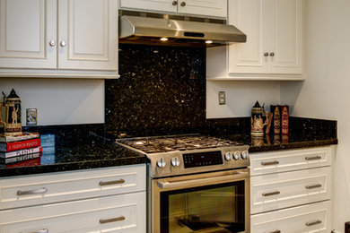 Inspiration for a small traditional kitchen in San Francisco with raised-panel cabinets, white cabinets and no island.