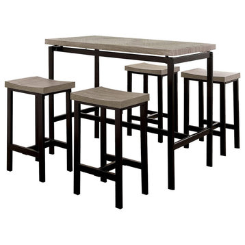 Benzara BM181289 5-Piece Wooden Counter Height Table Set, Natural Brown/Black