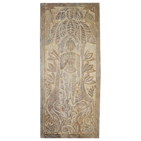 Consigned Vintage Carved Wood Buddha Barn Door Serenity Wall Art Panel 83