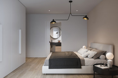ミュンヘンにある小さなモダンスタイルのおしゃれな客用寝室 (白い壁、ラミネートの床、暖炉なし、ベージュの床) のレイアウト