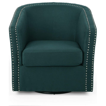 Contemporary Accent Chair, Swiveling Design With Curved Seat & Nailhead, Green