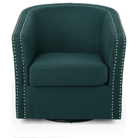 Contemporary Accent Chair, Swiveling Design With Curved Seat & Nailhead, Green