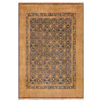 Bareens Designer Rugs - Antique Lavastone Low-Pile Tajuana Blue/Gold Wool Rug - 6'1'' x 6'10'' - An exhilarating oriental rug with distinctive motifs and wide-ranging pallet of warm colors, this antique vintage distressed low pile hand knotted masterpiece is a breath-taking addition to any decor. Featuring a soft low pile, showcasing the intricate design with an awe-inspiring color palette this masterpiece is known for its versatility, all vegetable dyes, and high knot count. Known for its artistic individuality, masterful construction, and enduring appeal this one-of-a-kind rug is an excellent addition to any d�cor.