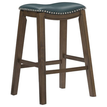 Pemberly Row 30.75" Transitional Faux Leather Saddle Bar Stool in Green