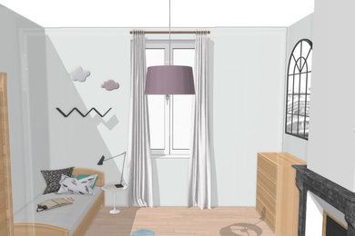 Idée de décoration pour une chambre bohème avec un mur blanc, parquet clair et une cheminée standard.