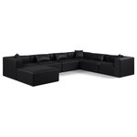 Meridian Furniture - Cube Upholstered Modular Sectional, Black, 7-Piece: 3 Armless Chair, 3 Corner Chair, 1 Ottoman, Vegan Leather - Elevate your space with the luxurious Cube Vegan Leather Modular Sectional. This modular sectional exudes modern elegance, charm, and comfort making it a perfect addition to any contemporary living space. Its clean lines and cube shape are reminiscent of minimalist design, while the plush black vegan leather upholstery adds a touch of luxury and sophistication. The chair's versatile construction and geometric aesthetic seamlessly integrate into various design styles, from sleek living rooms to chic home offices, embodying the essence of modern design and creating a sense of order and tranquility in your space.