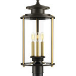 Progress Lighting - Squire Collection 3-Light Post Lantern, Antique Bronze - Squire lanterns feature a classic traditional profile with clean, modern metal fittings. Accented with contrasting metallic elements, the cylindrical frame is comprised of a clear glass diffuser. Uses Three 60 W Candelabra Base bulbs (not included).
