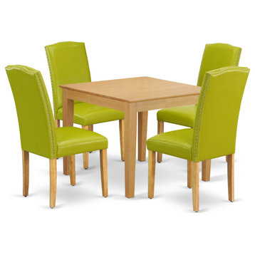 5Pc Square 36" Table, Four Parson Chair, Oak Leg, Pu Leather Color Autumn Green
