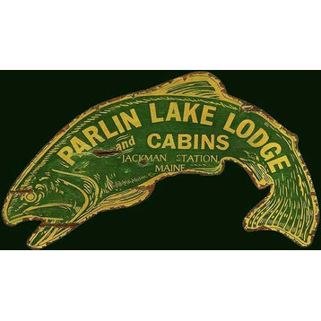 Customizable Lodge And Cabin Sign Parlin Lakes Fish-Shaped Wood Sign