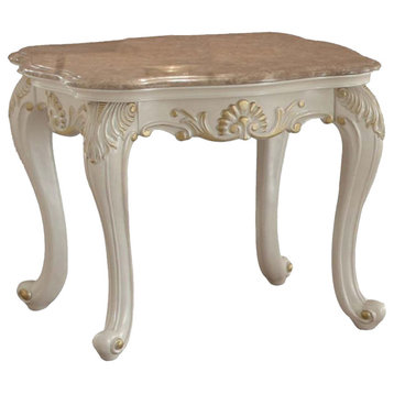Benzara BM177690 Wooden End Table With Marble Top, Pearl White