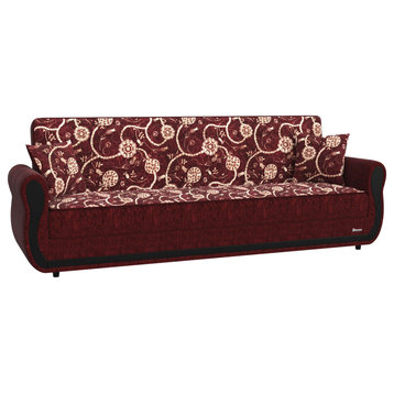 Modern Sleeper Sofa, Chenille Seat With Floral Pattern & Round Arms, Burgundy