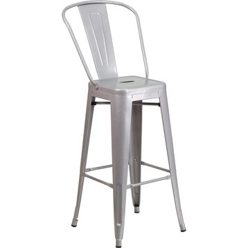 Flash Furniture 30" High Silver Metal Indoor-Outdoor Barstool With Back