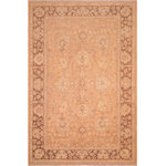 Bareens Designer Rugs - Classic Ziegler Denisha Brown Tan Hand-Knotted Wool Rug - 6'1'' x 8'10'' - Enhance the ambiance of your home with this magnificent Persian-influenced Turkish hand-knotted rug made by skilled artisans capable of creating the most exceptional vegetable dyes and hand-spun wool. This exquisite handmade rug is a one-of-a-kind Peshawar Kafkaz, otherwise identified as Chobi, Chobi Peshawar, Oushak, or Ziegler rug. These handmade rugs are crafted in Pakistan utilizing superior-quality wool imported from Australia, New Zealand, and Korea in two types of weaves: the Persian weave and the Mori weave. This rug is meticulously crafted by hand using the finest natural vegetable dyes extracted from local plants. The artisans use a blend of hand-spun local and fine merino wool, resulting in a rug with a compelling texture, higher lanolin content, and longer staple. The artisans occasionally incorporate natural or artificial silk into the pile to enhance specific motifs. The finished product is an awe-inspiring execution of flawless design and an understated palette that exudes elegance.