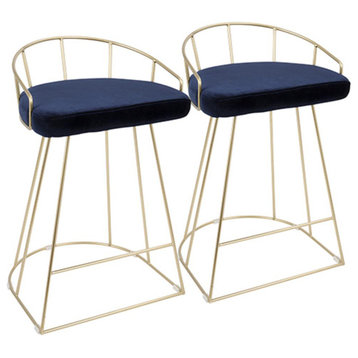 Canary Contemporary-Glam Counter Stool, Gold With Blue Velvet -Set of 2