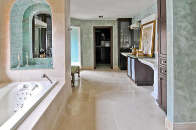 Inspiration for a large contemporary master blue tile and subway tile ceramic tile and beige floor alcove shower remodel in Miami with shaker cabinets, dark wood cabinets, a hot tub, green walls, a pedestal sink and glass countertops
