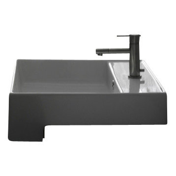 Square White Ceramic Semi-Recessed Sink, One Hole