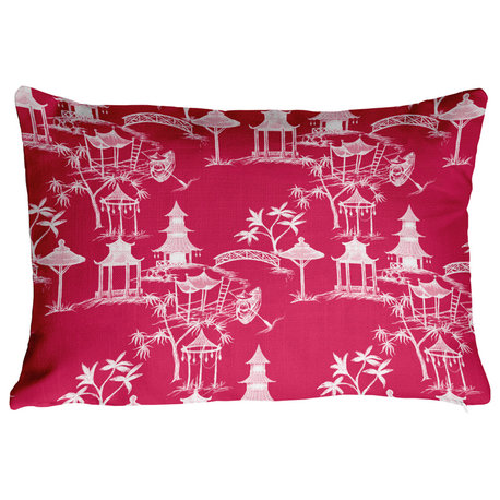 Chinapezka Floral Print Throw Pillow With Linen Texture, Pink/Fuchsia, 14"x20"