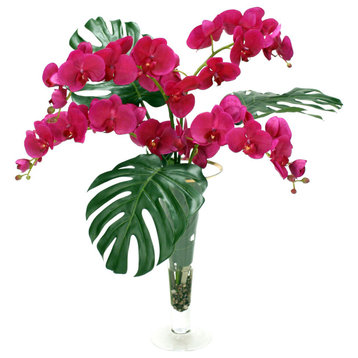 Waterlook® Philo Leaves, Orchid Phaleonopsis in Trumpet Vase with Gold Trim