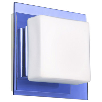 Alex 1 Light Wall Sconce, Chrome, LED, Blue Glass