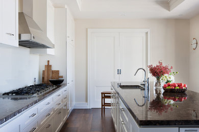 Inspiration for a traditional galley kitchen in Melbourne with a double-bowl sink, recessed-panel cabinets, white cabinets, white splashback, glass sheet splashback, dark hardwood floors and with island.