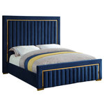 Meridian Furniture - Dolce Velvet Upholstered Bed, Navy, King - Ensconce yourself in regal modernity in this Dolce Navy Velvet King Bed. A super tall headboard makes this Dolce bed hard to ignore, ensuring it is the focal point in your bedroom sanctuary. The padded headboard is plump and welcoming, making it ideal for propping up against while you read the daily news or watch some TV. Gold trim and channel tufting add to the headboard's luxurious look, lending it an air of regality and upscale refinement. The navy velvet upholstery is buttery-soft and lavish to the touch, making you feel like royalty with every nap.