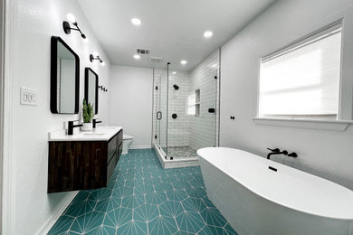 Bathroom - mid-sized modern master white tile porcelain tile, turquoise floor and double-sink bathroom idea in Austin with flat-panel cabinets, dark wood cabinets, a bidet, white walls, an undermount sink, quartz countertops, a hinged shower door, white countertops and a floating vanity