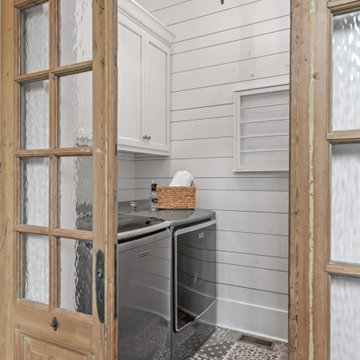 Luxury Modern Farmhouse Laundry Room with Shiplap & Chandelier