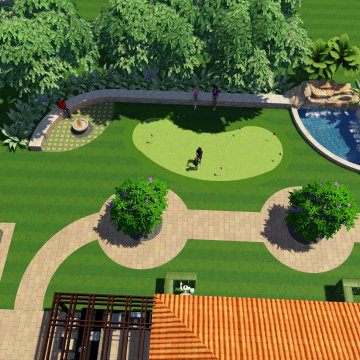 Top view of Mini Golf, Waterfall, fire Pit Feature, Pergola area