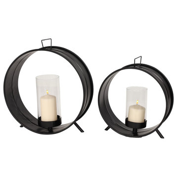 Industrial Black Metal Circle Sculpture Glass Candle Holders