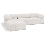 Meridian Furniture - Ames Boucle Fabric L-Shaped Modular Sectional, Cream, 4-Piece: 1 Armless Chair, 2 Corner Chair, 1 Ottoman - Introduce a touch of modern sophistication to your living area with the exquisite Ames Boucle Fabric Sectional. With plush cream boucle fabric and unique design, it will elevate the visual appeal of your living space. This elegant and captivating sectional can be mixed and matched with other pieces from the collection to create an endless array of stunning looks. So, get ready to transform your living area into an inviting and stylish haven with the Ames Boucle Fabric Sectional.