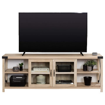 Modern Farmhouse TV Stand, X-Sides With Shelves & Cabinet, White Oak