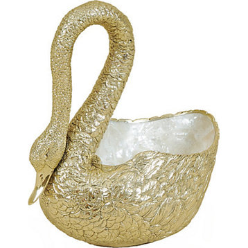 Polished Finished Brass Swan Figurine With Troca Shell Inlay