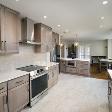 Warm Modern Transitional Kitchen| Natural Wood Cabinets, Quartz Peninsula