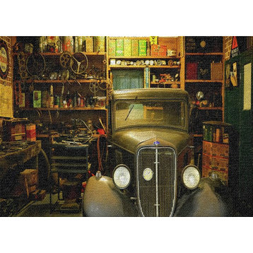 Classic Car In A Work Shop Area Rug, 5'0"x7'0"