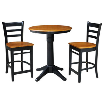 30" Round Solid Wood Pedestal Gathering Height Table in Black/Cherry & 2 Stools