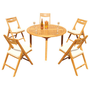 6-Piece Outdoor Teak Dining Set: 48" Round Table, 5 Surf Folding Arm Chairs