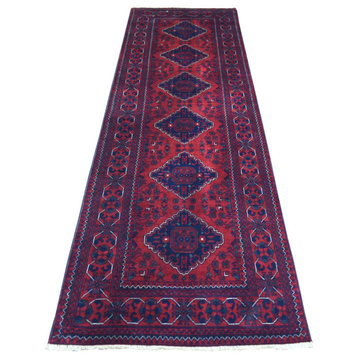 Deep Red, Shiny Wool Hand Knotted, Afghan Khamyab Runner Rug, 3'0"x9'6"
