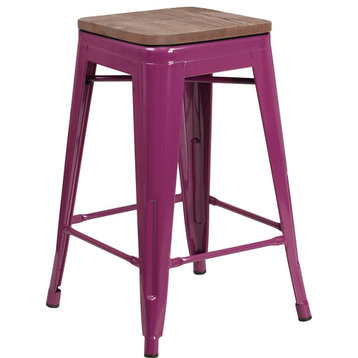 24" Backless Counter Height Stool With Square Wood Seat, Purple