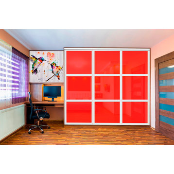 3 Panels Closet / Wardrobe Door with Mirror & Red Painted Glass Insert, 106"x84" Inches
