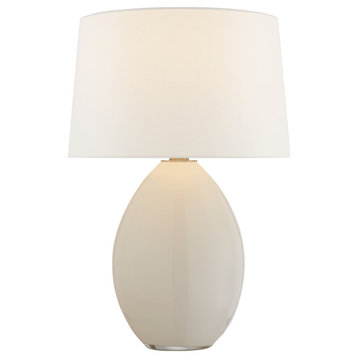 Myla Medium Wide Table Lamp in White Glass with Linen Shade