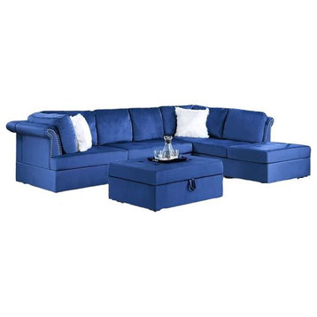 Valenca 3 Piece Sectional With Storage Ottoman Upholstered, Blue Velvet