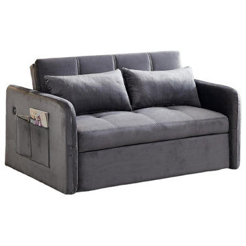 Convertible Sleeper Sofa, Square Tufted Seat With Side USB Charging Ports, Gray