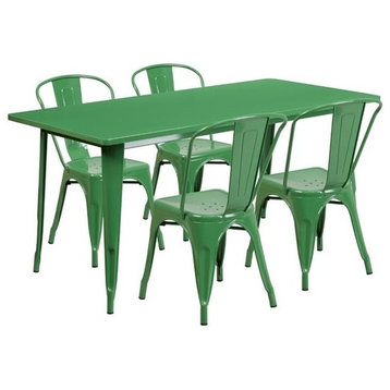 31.5'' X 63'' Rectangular Green Metal Indoor Table Set With 4 Stack Chairs