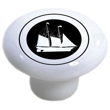 Black White Sailboat #1 Ceramic Cabinet Drawer Knob