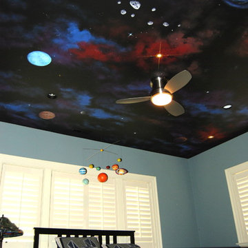 Space Night Sky Ceiling Mural in a kids bedroom by Tom Taylor of MuralArt.com