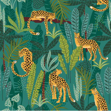 GN2011 Jungle Leopards Fine Wallpaper Roll 26in. x 27ft., Green, Orange