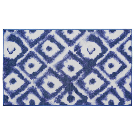 My Magic Carpet Washable Rug Shibori Geometric Diamond Blue, 3' X 5'
