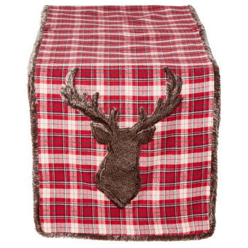 Holiday Christmas Plaid Faux Fur Reindeer Table Runner 16"x72"
