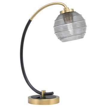 1-Light Desk Lamp, Matte Black/New Age Brass Finish, 6" Smoke Ribbed Glass