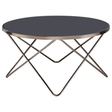 Benzara BM156783  Smoked Glass Top Coffee Table Metal Hairpin Base, Black & Gold